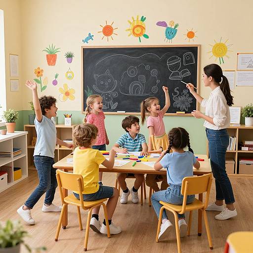 Photograph of a lively kindergarten classroom: teacher in white shirt drawing on blackboard, six curious children in colorful clothes, wooden tables, sun and flower