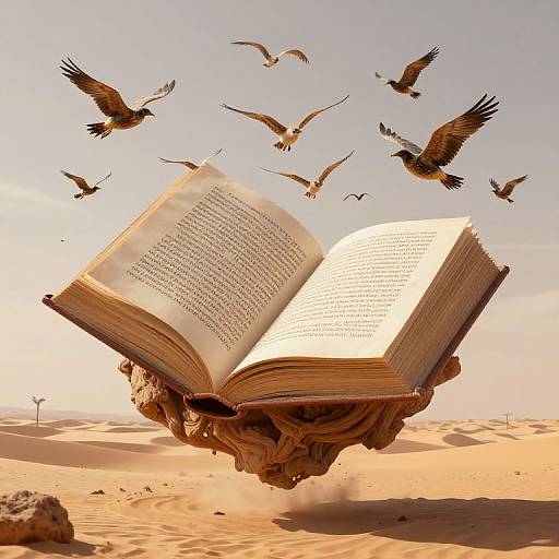 Open book suspended in desert sky, surrounded by flying birds, with sandy dunes in the background, illuminated by sunlight.