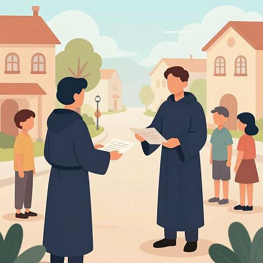 Digital illustration of two clergy members in black robes discussing papers on a suburban street with four family members and two houses in the background.