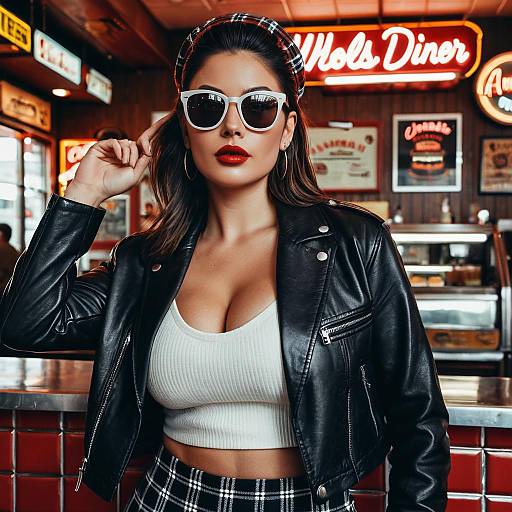 Stylish Woman in Leather Jacket at Vintage Diner