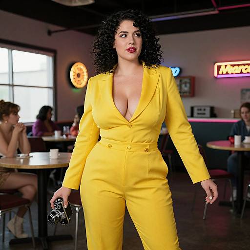 Photograph of a confident woman with curly black hair, wearing a deep V-neck yellow jumpsuit, holding sunglasses, walking in a dimly lit retro