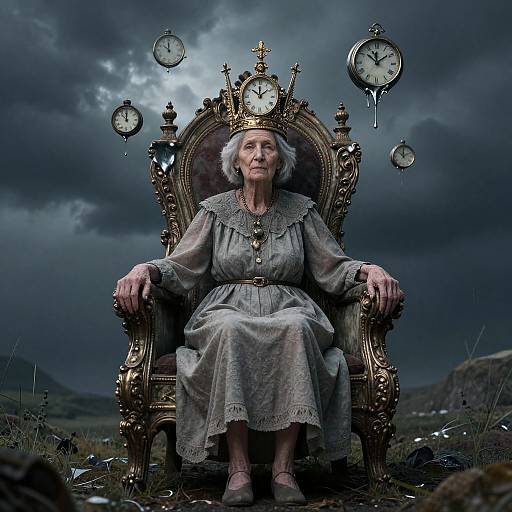 Photograph of an elderly woman in a gray dress, sitting on an ornate golden throne with floating clocks, under a dark, stormy sky.