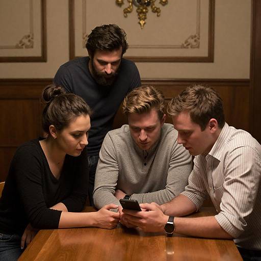 Group of Four People Viewing Smartphone at Wooden Table