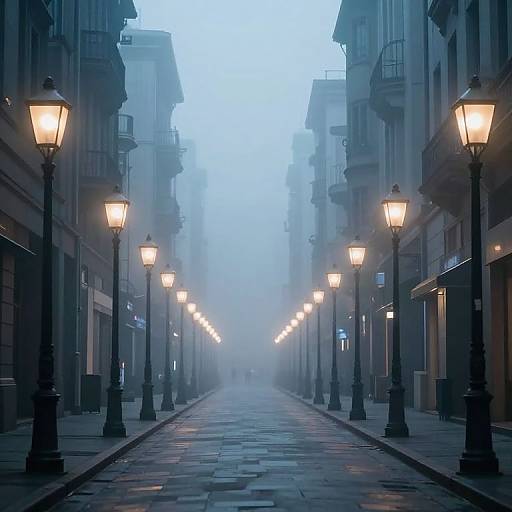 Photograph of a foggy, empty street at dawn with glowing street lamps lining both sides, creating a symmetrical, eerie blue-lit perspective.
