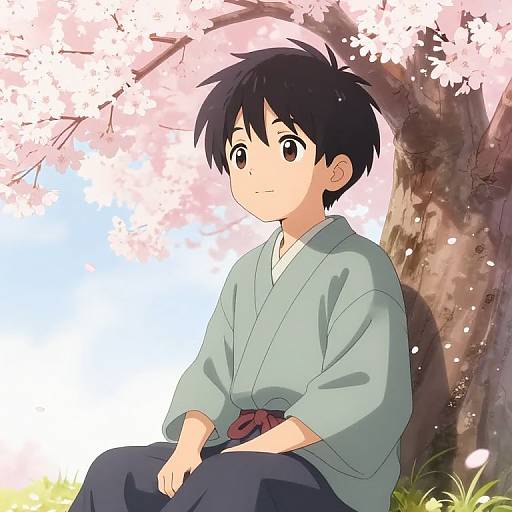 Anime-style digital drawing of a young boy with black hair, wearing a light blue kimono, sitting under blooming cherry blossoms.