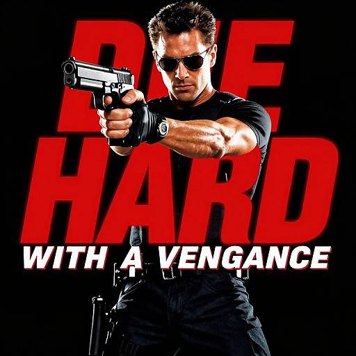 Photograph of muscular man with short brown hair, black t-shirt, sunglasses, and black pants, pointing gun forward. Background: bold red 