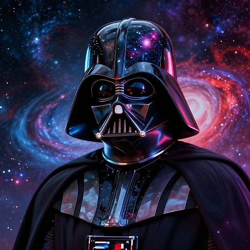 Digital artwork of Darth Vader in a glossy black helmet and cape, set against a vibrant, colorful galaxy background.