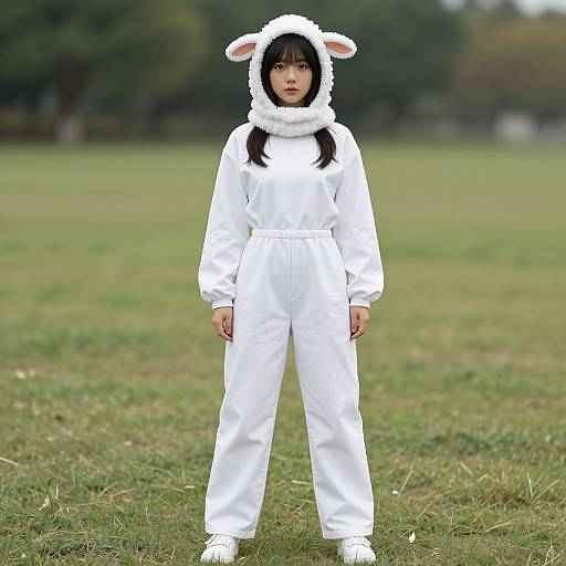 Woman in White Sheep Jumpsuit