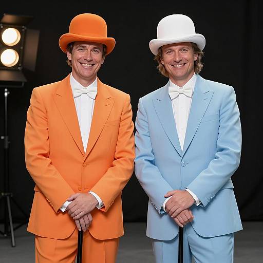 Two Men in Colorful Suits with Bowler Hats