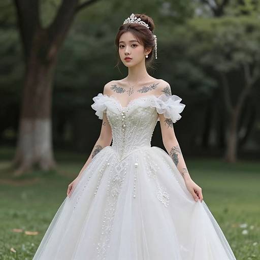 Photograph of an East Asian woman in a white, off-shoulder, floral-embellished wedding gown with a full tulle skirt,
