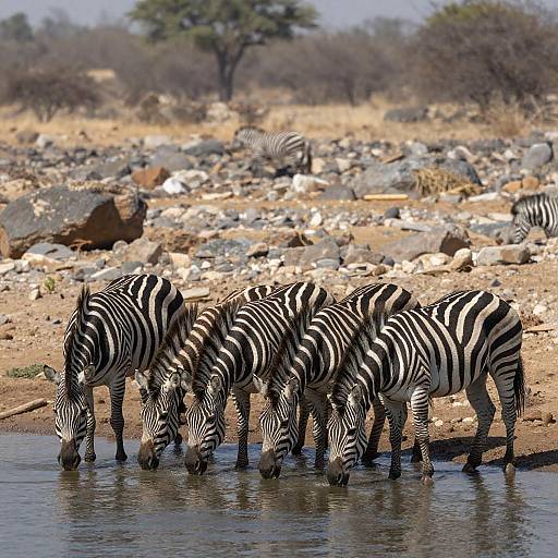 Zebras Drinking in Arid Landscape