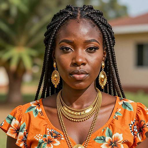 African Woman in Gold Jewelry and Orange Floral Top
