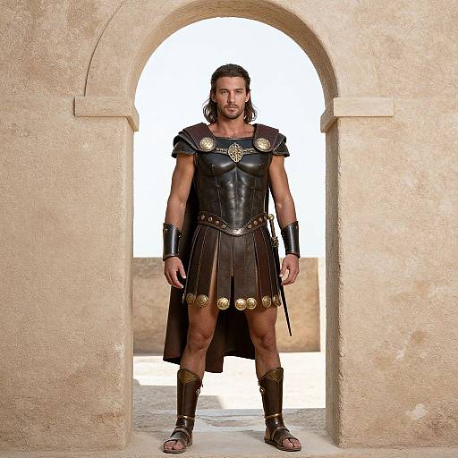 Photograph of a muscular man with long brown hair, beard, and tan skin, standing in a stone archway wearing ancient Greek-style black leather armor