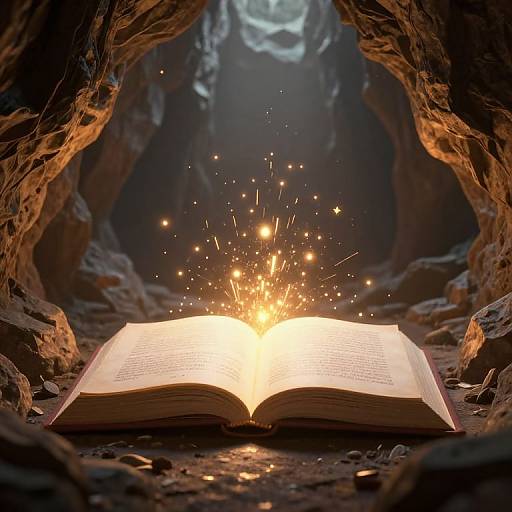 Photograph of an open book emitting bright, sparkling golden light from its center, set within a dark, rocky cave.