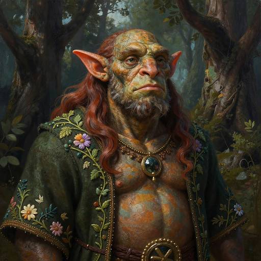 Digital painting of an elderly, wise-looking goblin with long red hair, large ears, and floral embroidered cloak, standing in a dark, enchanted forest