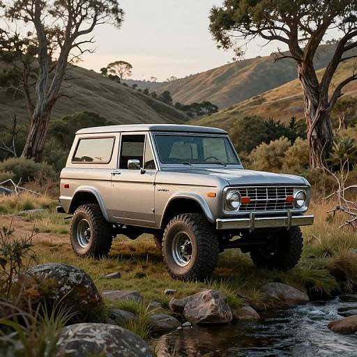 Photograph of a silver, four-wheel-drive Suzuki Samurai off-road vehicle parked by a rocky stream in a lush, mountainous forest.