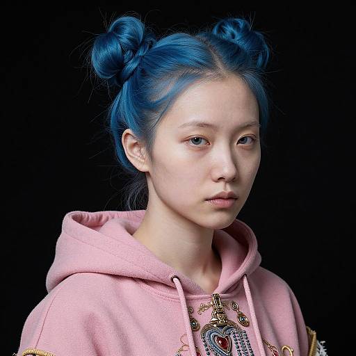 Photograph of an Asian woman with bright blue hair in double buns, wearing a pink hoodie with intricate embroidery, against a black background.