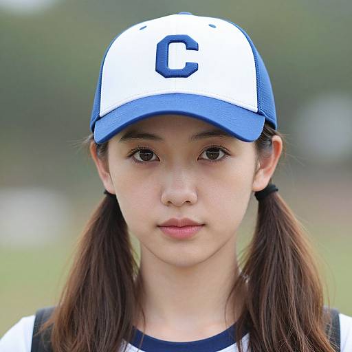 Photograph of an Asian girl with fair skin, brown eyes, and pigtails, wearing a blue and white baseball cap with a large 