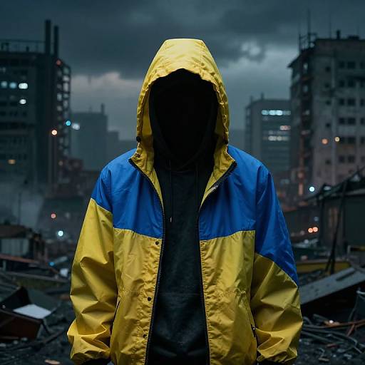 Photograph of a faceless person in a yellow and blue raincoat, hood up, in a dark, stormy urban ruin with buildings in the