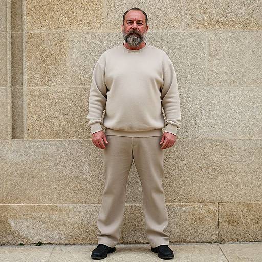 Photograph of a middle-aged, bearded man with a receding hairline, wearing a cream sweater, beige pants, and black shoes, standing