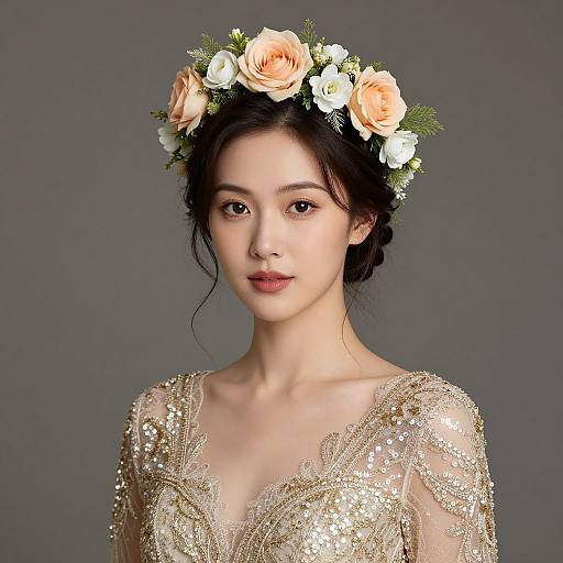 Photograph of an East Asian woman with fair skin, wearing a floral crown of peach and white roses, and a gold-sequined, sheer-