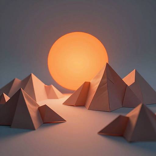 Photograph of paper pyramids under a glowing orange sun, casting soft shadows on a blue-purple gradient background. Minimalistic, surreal style.