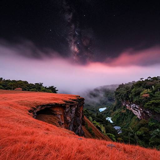 Photograph of a vivid, red-orange grassy cliff at sunset, with a starry, Milky Way-lit sky, misty valley, and