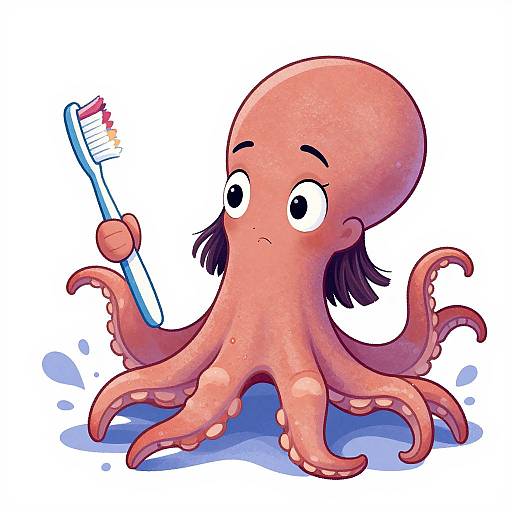 Cartoon pink octopus with large eyes holding a blue and white toothbrush, standing on a blue splash, looking concerned. Digital art.