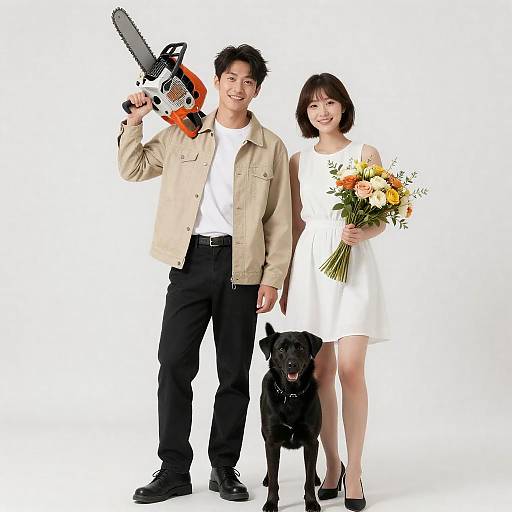 Young couple with chainsaw, flowers and black dog