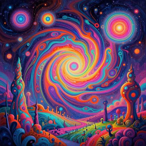 Vibrant, psychedelic digital artwork of a swirling galaxy sky with neon colors, abstract shapes, and surreal, colorful landscape with rolling hills and whimsical