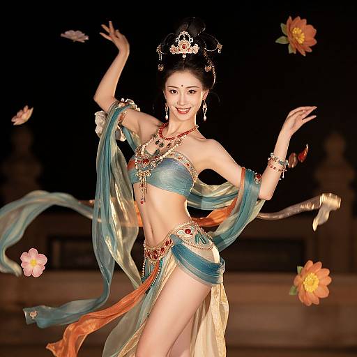 Digital artwork of an Asian dancer in a turquoise and gold dance costume, adorned with jewelry, mid-dance, surrounded by floating flowers, against a dark