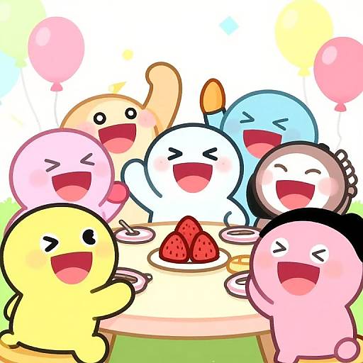 Colorful cartoon chibi characters with round heads and big smiles, celebrating around a table with strawberries, balloons, and a sunny background. Digital art.