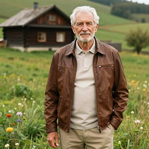 Photograph of an elderly white man with white hair and beard, wearing a brown jacket and white polo, standing in a green meadow with a wooden