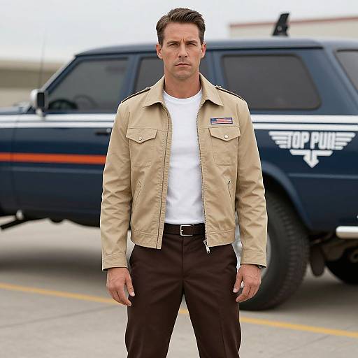 Photograph of a serious, handsome man in a beige jacket, white shirt, and brown pants, standing in front of a dark blue police SUV with