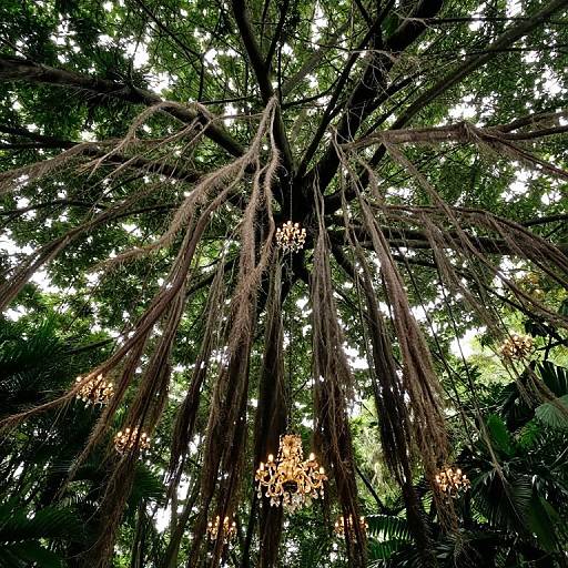 Photograph of a large, dark brown tree with long, hanging, moss-covered branches, adorned with clusters of small, glowing, yellowish flowers,