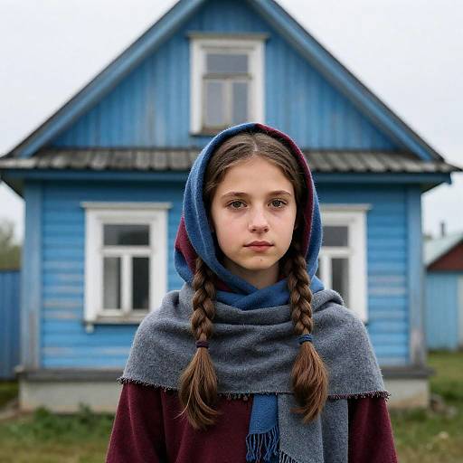 Young Girl by a Rustic Blue House