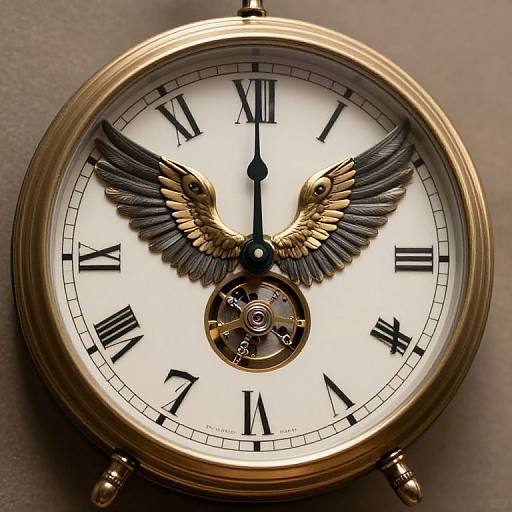 Photograph of a vintage-style, gold, round pocket watch with black Roman numerals, black hands, and intricately detailed golden winged hour markers