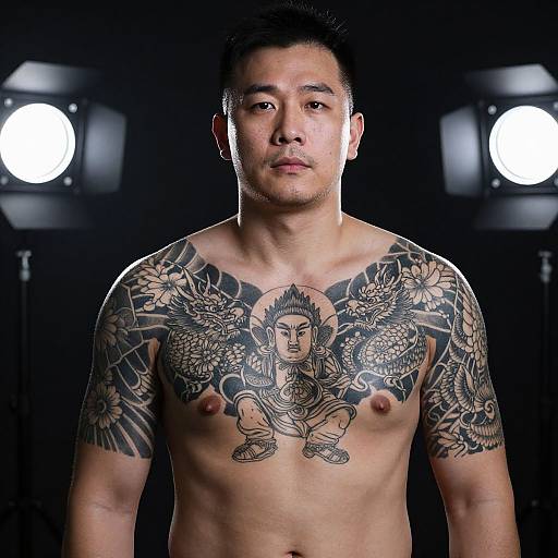 Tattooed East Asian Man in Dramatic Light