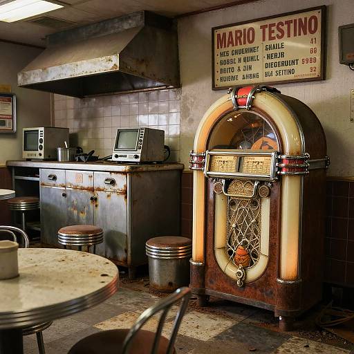 Photograph of a vintage diner with a retro jukebox, metal stools, worn tile walls, and a 