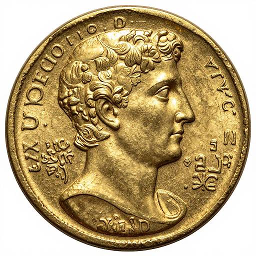 Golden, detailed, ancient Roman coin featuring a profile of a curly-haired man with intricate facial features and Latin text. High-contrast photograph.