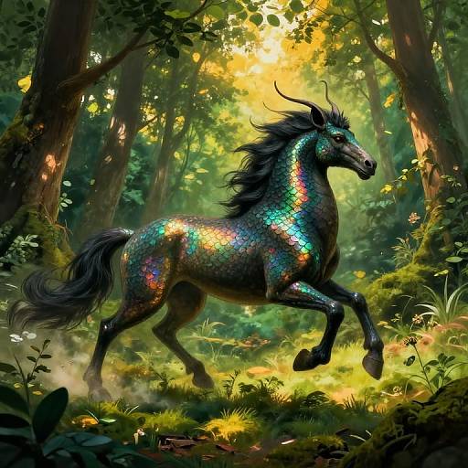 Digital painting of a vibrant, iridescent unicorn with shimmering rainbow scales, galloping through a sunlit, lush forest filled with moss,