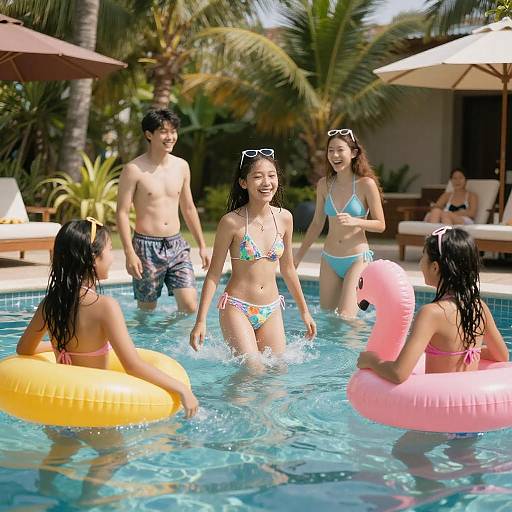 Photograph of five diverse, smiling young adults in bikinis and swim trunks, enjoying a sunny pool day with inflatable floats, surrounded by palm trees