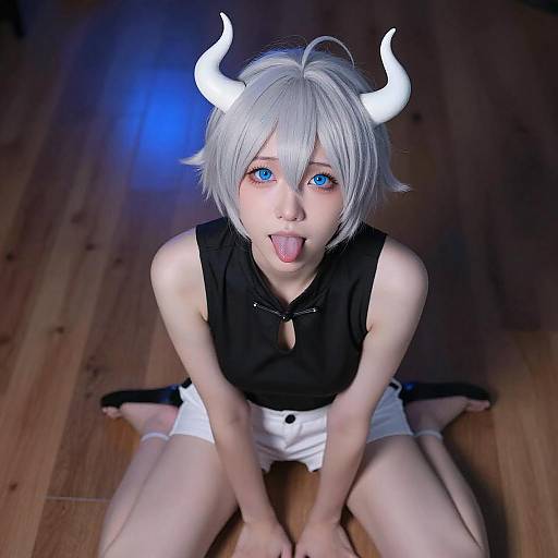 Youthful Silver-Haired Demon Squatting