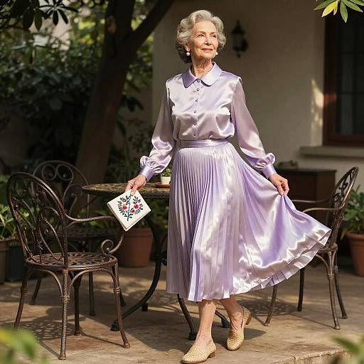 Photograph of an elderly woman with short gray hair, wearing a shiny lavender satin blouse and pleated skirt, holding a floral card, walking outdoors on