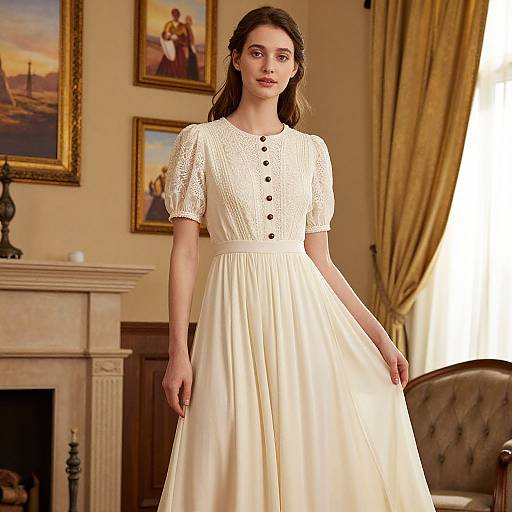 Photograph of a young woman with fair skin and brown hair, wearing a white lace and buttoned dress, standing in an elegant room with framed paintings