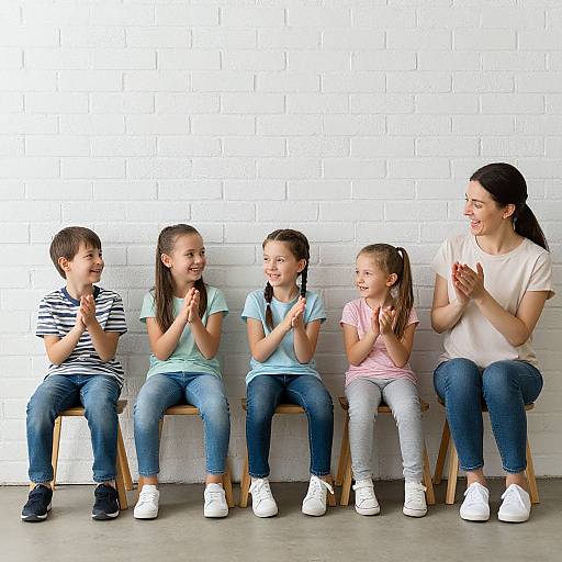 Photograph of five girls and a woman, all clapping, seated on wooden stools against a white brick wall, wearing casual clothes.
