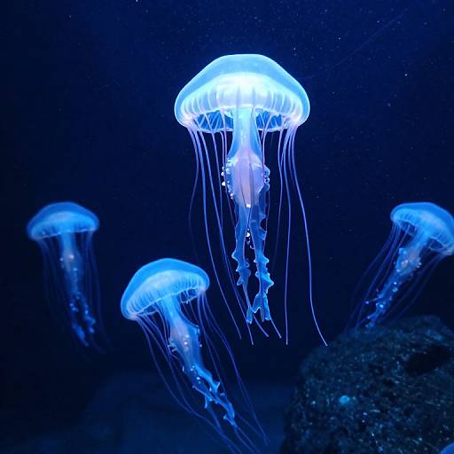 Photograph of glowing blue jellyfish with translucent bodies and long, flowing tentacles against a dark, starry ocean background.