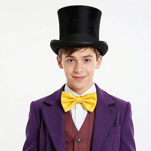 Photograph of a young boy with fair skin and brown hair, wearing a black top hat, purple suit, white shirt, and bright yellow bow tie