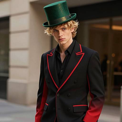 Photograph of a young, blond man with wavy hair wearing a green top hat and a black double-breasted suit with red trim, standing in