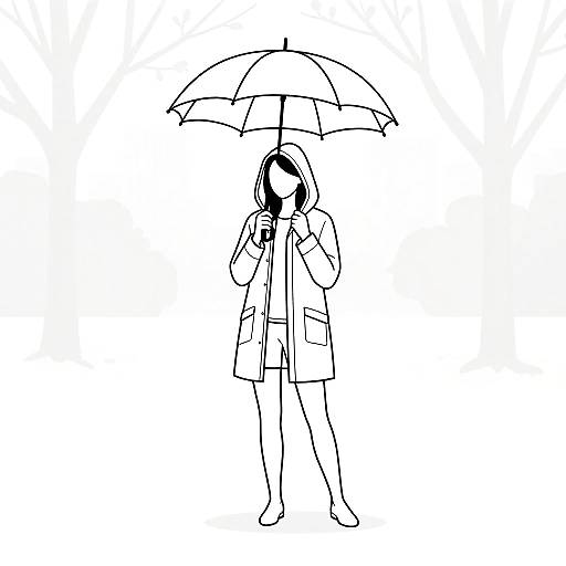 Minimalist Line Art of Woman in Rain Jacket with Umbrella